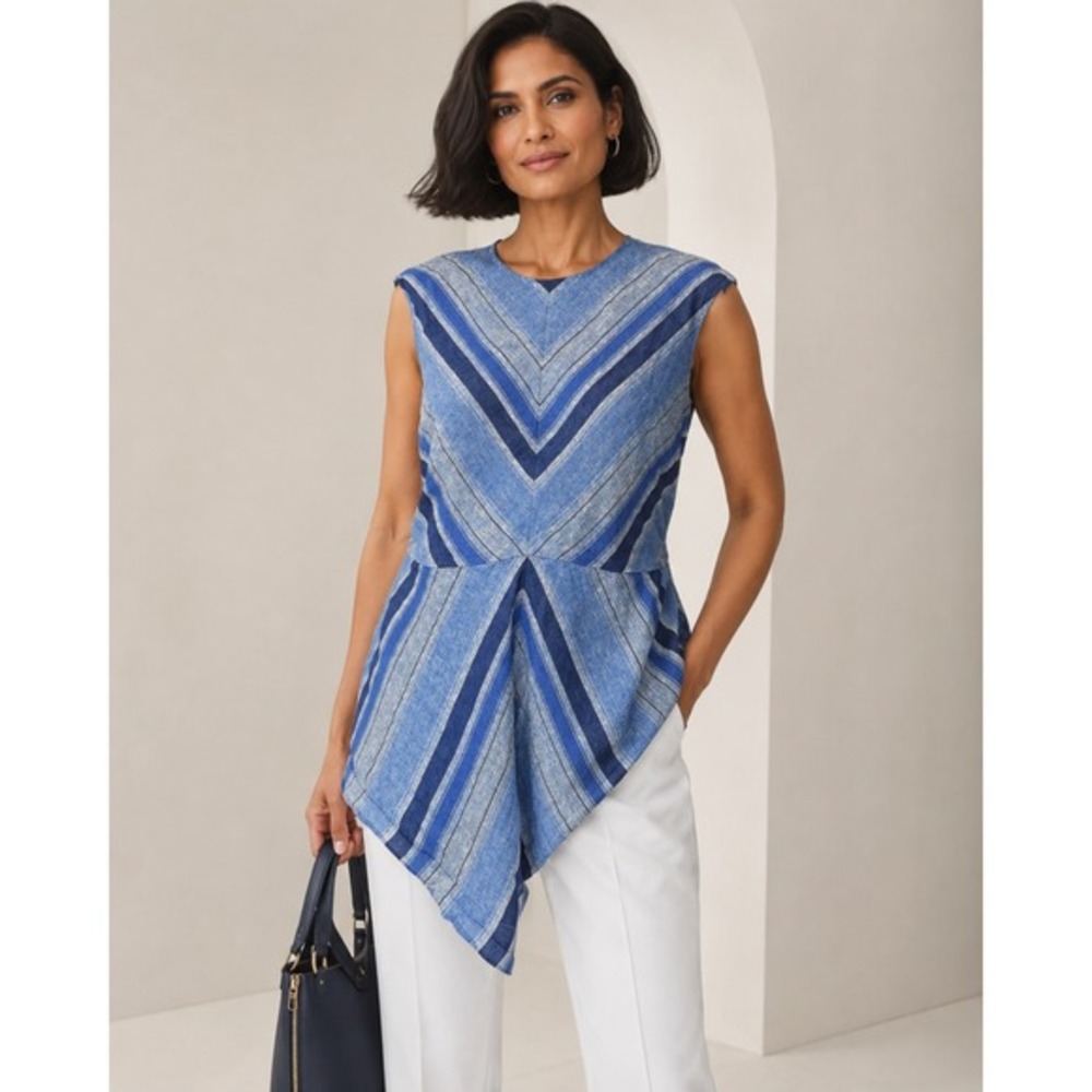 2/$30 Chico's Black Label Blouse Sz‎ M Blue 100% Linen Lagenlook Asymmetrical